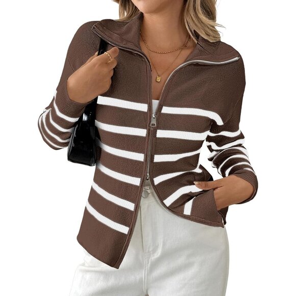 Bsubseach Womens Striped Brown Cropped Cardigan Lightweight Fall Zip Up Sweater - Picture 1 of 6